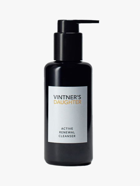closed black bottle of Vintner's Daughter Active Renewal Cleanser on a light gray background